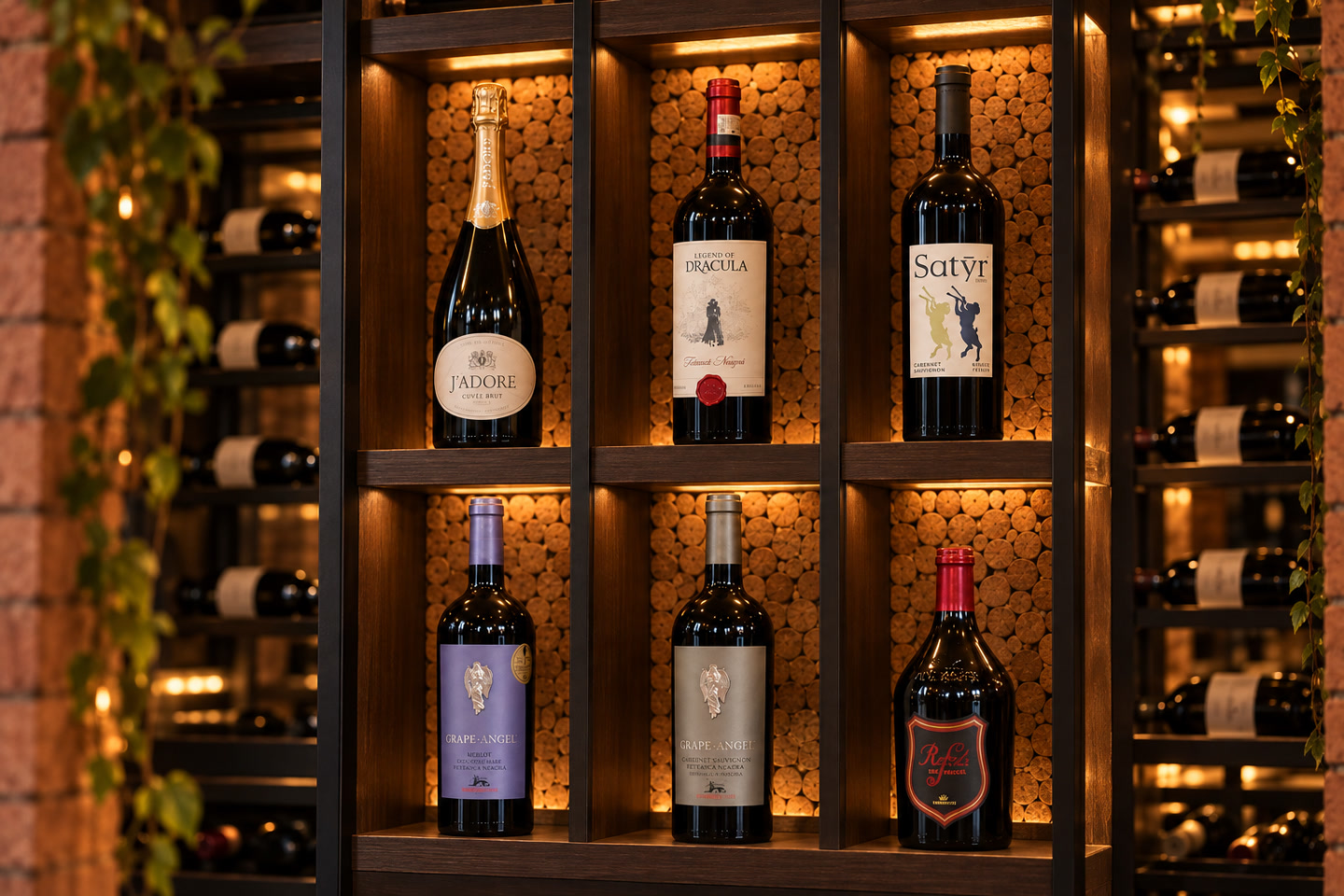 Garrafas de espumante e vinhos da carta do La Fleur Bistrô sobre mesa de mármore, com o cardápio bordô ao lado