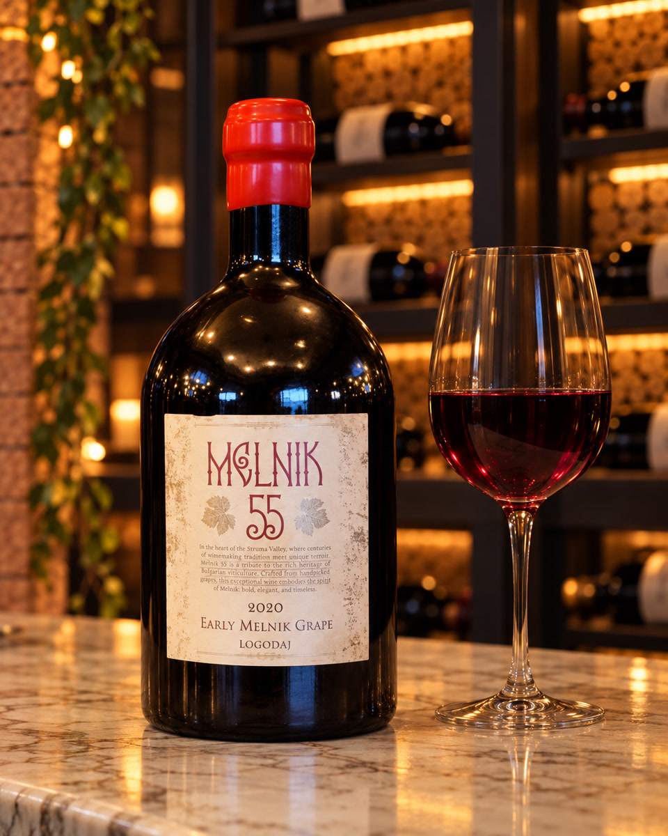 Garrafa do vinho búlgaro Melnik ao lado do cardápio bordô do La Fleur Bistrô