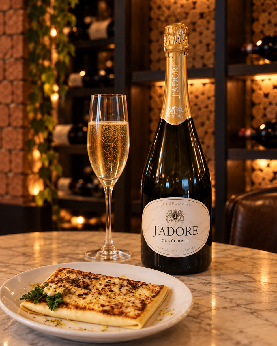 Garrafa do espumante moldavo J'Adore Cuvée Brut ao lado do cardápio do La Fleur Bistrô