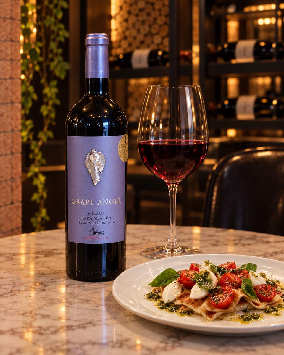 Garrafa do vinho moldavo Grape Angel ao lado do cardápio do La Fleur Bistrô