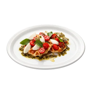 Waffle caprese com muçarela de búfala, tomate-cereja e pesto