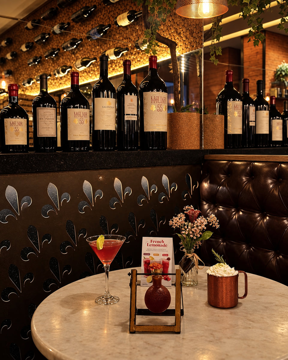 Banqueta de couro capitonê, painel vazado com flores-de-lis e mesa de mármore com drinks, diante da parede de vinhos
