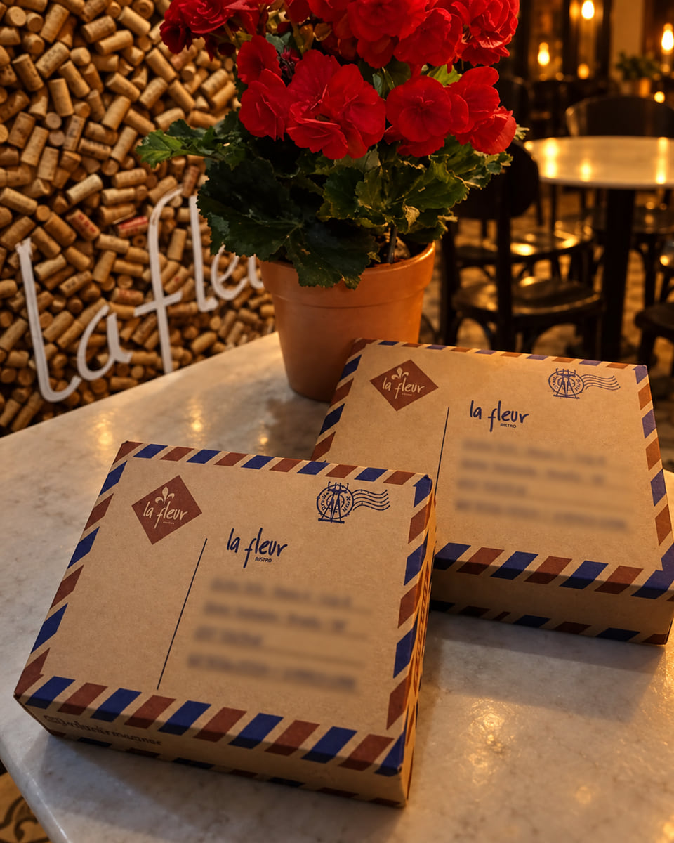 Caixas de delivery do La Fleur Bistrô em papel kraft com flores vermelhas, sobre mesa de mármore